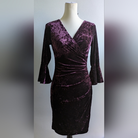 EUC....Ralph Lauren Crushed Velvet Bell Sleeve Dress in Rich Purple Size 4P - Picture 4 of 8
